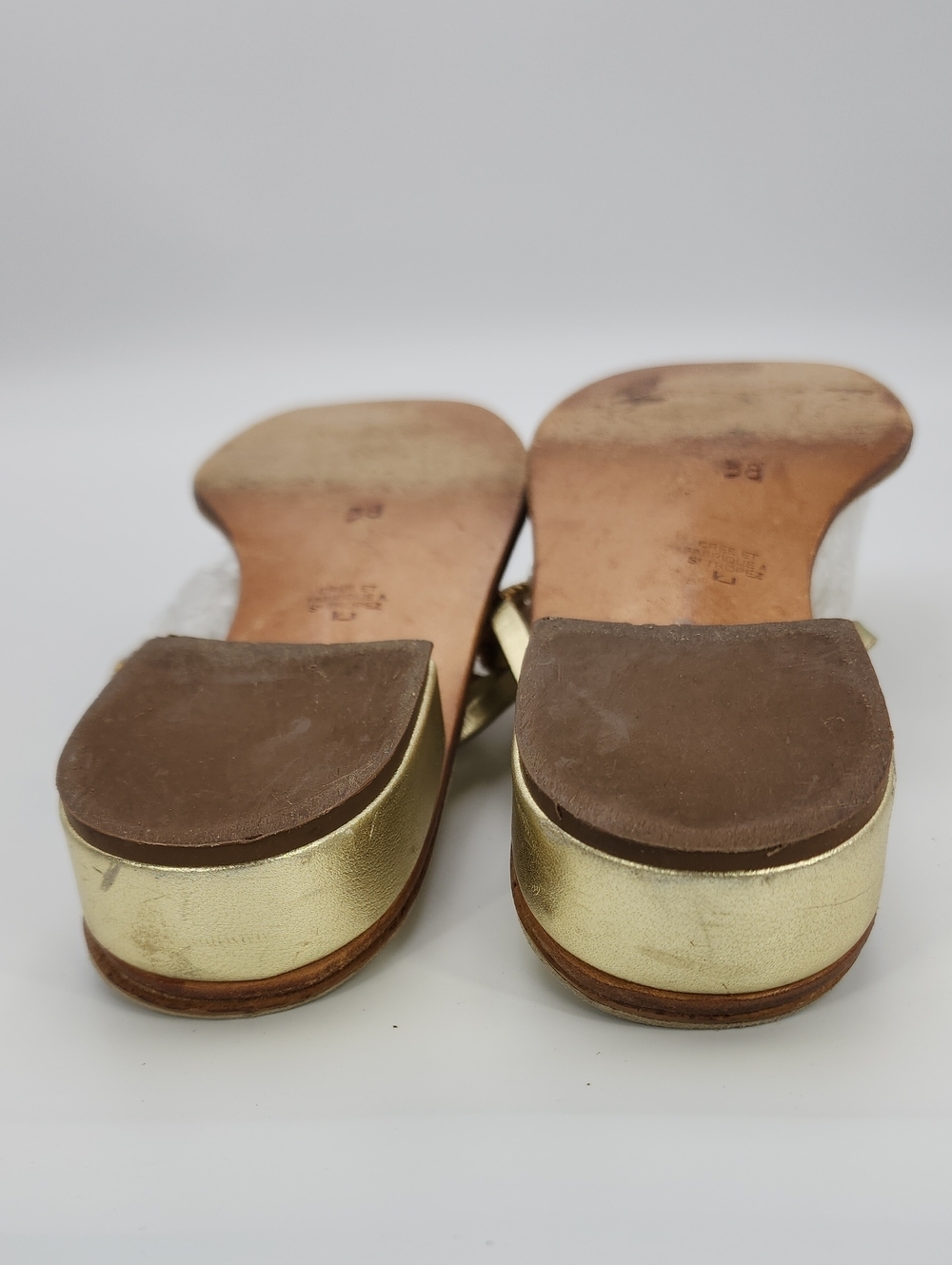 K.Jacques St. Tropez Gold Leather Crystal Embellished Sandals - Size 38 - Picture 10 of 13
